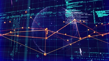 Poster - Animation of network of connections and data processing over globe on black background