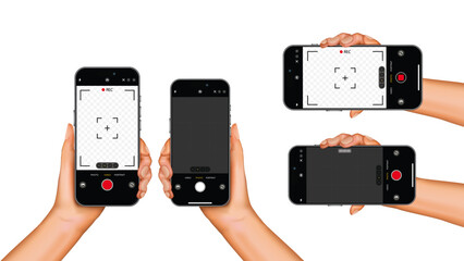 Poster - Hand Holding Smartphone for Perfect Shots and Videos: Capture Stunning Photos in Horizontal and Vertical Orientation with Your Smart Mobile Device. Vector.