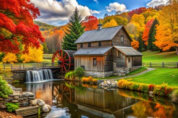 Wall Mural - Charming historic mill by river in vibrant autumn forest