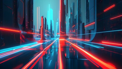 Futuristic digital interface featuring vibrant glowing red and blue lines intertwined with abstract shapes