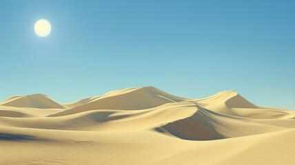 rolling desert sand dunes under bright sun and clear blue sky