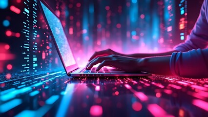 Closeup of hands typing on a keyboard with digital technology, software development concept. Coding programmer, software engineer working on laptop