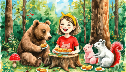 Wall Mural - Friendly Forest Encounter: A Girl, Bears, and Mice Share a Picnic