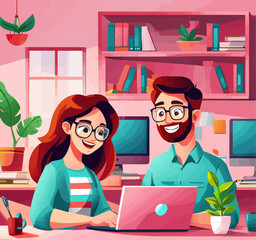 Wall Mural - Friendly Couple Working Together on Laptop