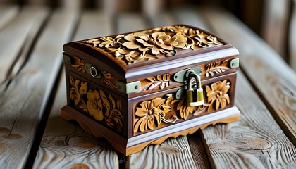 Intricately Carved Floral Wooden Box with Brass Lock on Rustic Surface