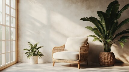 Wall Mural - A room with a white chair and a potted plant. The chair is in front of a window and the plant is in a basket. Generative AI