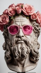 Wall Mural - A statue of a man with a pink flower crown on his head and pink sunglasses