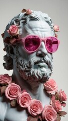 Wall Mural - A statue of a man with a pink flower crown on his head and pink sunglasses