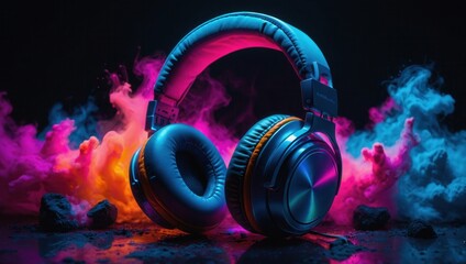 A pair of headphones with a colorful dusty particle background