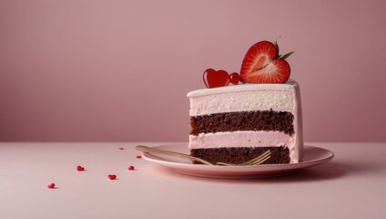 Wall Mural - A slice of cake with strawberries and hearts on top