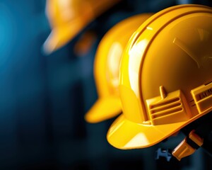 Close-up of bright yellow safety helmets, ideal for construction, industry, or workplace safety themes.