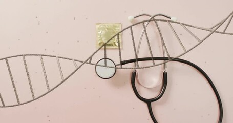 Poster - Animation of dna strand and stethoscope over condom on white background