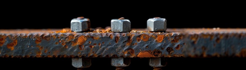 Close-up of rusty metal beam with three steel bolts. Industrial texture showcasing weathering and corrosion effects.