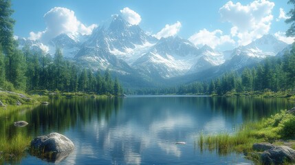 Wall Mural - Serene mountain landscape with a reflective lake and lush greenery.