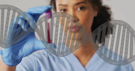 Poster - Animation of dna strand and biracial female doctor with vial on white background