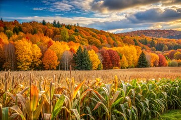 Wall Mural - Autumn cornfield with vibrant forest of gold red and orange