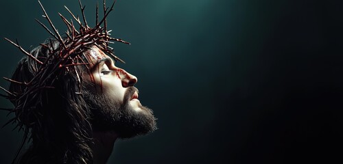 Jesus in Profile with Crown of Thorns, Soft Rim Lighting, Serene Expression, Shadowed Background - Perfect for Inspirational and Religious Projects