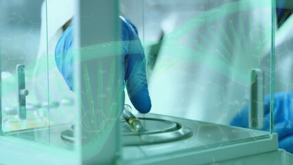 Poster - Animation of dna strand and chemical formula over caucasian male scientist doing experiment