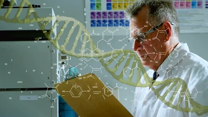 Wall Mural - Animation of dna strand and chemical formula over caucasian male scientist writing on clipboard