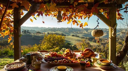 A scenic view of a Thanksgiving table set outdoors under a pergola covered in autumn leaves