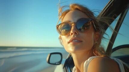 Woman in sunglasses in a car looking out the window.