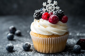 Wall Mural - A cupcake with frosting and gingerbread cookies on top, surrounded by other Christmas-themed treats like spiced cinnamon sticks or frosted sugar cookie trees