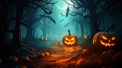 Wall Mural - Spooky Halloween Forest with Jack-o'-Lanterns