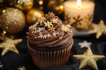 Wall Mural - A cupcake with frosting and gingerbread cookies on top, surrounded by other Christmas-themed treats like spiced cinnamon sticks or frosted sugar cookie trees