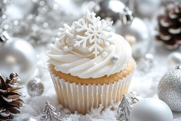 Wall Mural - A cupcake with frosting and gingerbread cookies on top, surrounded by other Christmas-themed treats like spiced cinnamon sticks or frosted sugar cookie trees