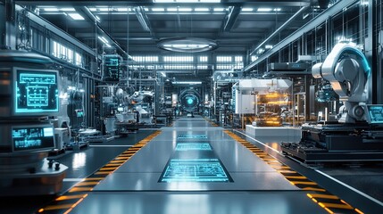 Poster - Modern factory floor with advanced machinery and robotics.