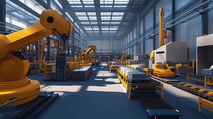 Poster - Modern factory floor with advanced machinery and robotics.