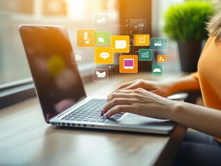 Poster - Woman working on laptop with digital icons.
