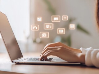 Poster - Woman using laptop with digital icons.