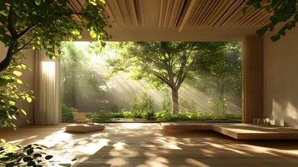 Wall Mural - Sunlight streaming through a large window in a modern home with a view of a lush forest