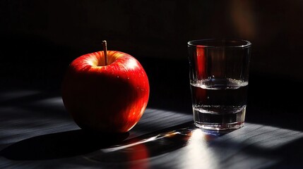 Vibrant Red Apple & Refreshing Drink: Perfect Poster for Sports Interior Decor, Capturing Healthy Indulgence with Striking Shadows on a Black Surface