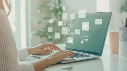 Poster - Woman Working on Laptop with Digital Icons.