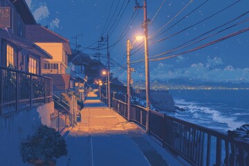 Wall Mural - A Cozy Coastal Town With Colorful Seaside Buildings And Warm, Inviting Streetlights Casting Reflections On The Water. Cozy Vibe, Generative AI