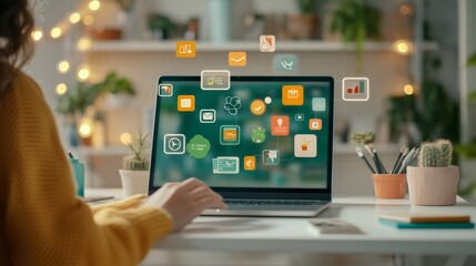 Poster - Woman Working on Laptop with Digital Icons.