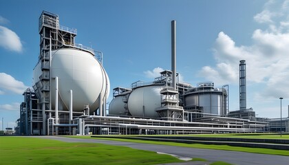 Vast industrial landscape featuring a massive LNG storage tank exemplifying modern energy infrastructure and advanced technology for liquified natural gas storage