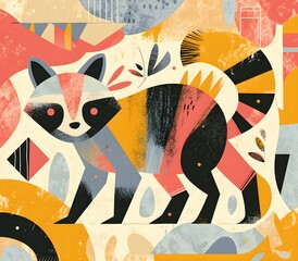 Modern style poster with raccoon , The animal is set against a background of abstract forms and pastel colors