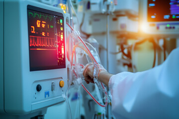 Kidney dialysis machine in use with a patient’s arm connected to the machine in a hospital room