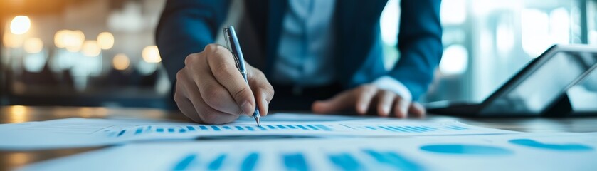 Businessman analyzing financial data with pen and graphs