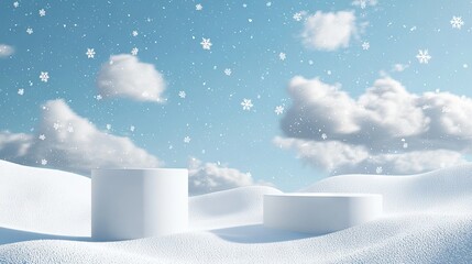 Wall Mural - Minimalist stage design, with a snow background and two cylindrical podiums in the center of the frame, surrounded by falling white clouds