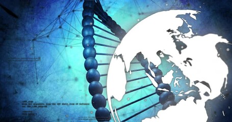 Wall Mural - animation of dna strand and globe over data processing on blue background
