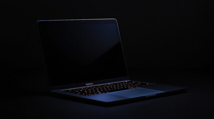 A sleek laptop sits on a dark table, its screen off, highlighting its modern design and illuminated keyboard in low light