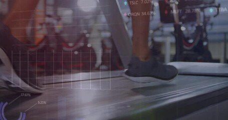 Sticker - Animation of financial data processing over biracial woman running on treadmill