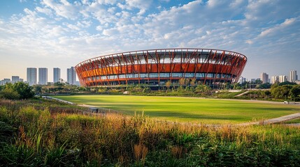 48. A stadium with a clean, minimalist design, surrounded by open green spaces and natural elements, creating a serene environment for sports and public activities