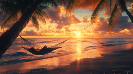 A serene beach at sunset, waves gently lapping at the shore. A hammock sways lightly between two palm trees