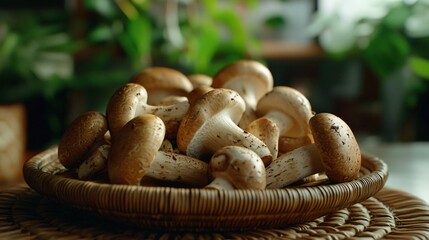 fresh mushrooms on a rattan plate with kitchen background