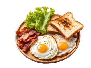 Plate with fried eggs, bacon, toasts and lettuce on transparent background
